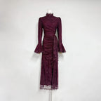 Flowering Girl Women victoria Long lantern sleevelace-trim maxi dress - burgundy