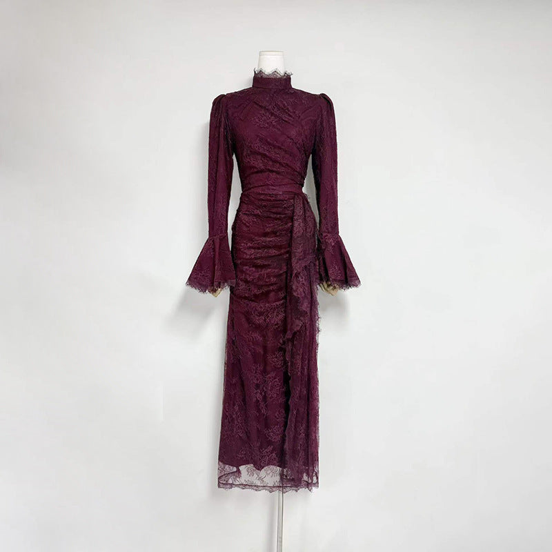 Flowering Girl Women victoria Long lantern sleevelace-trim maxi dress - burgundy