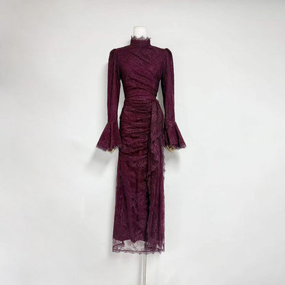 victoria Long lantern sleevelace-trim maxi dress - burgundy