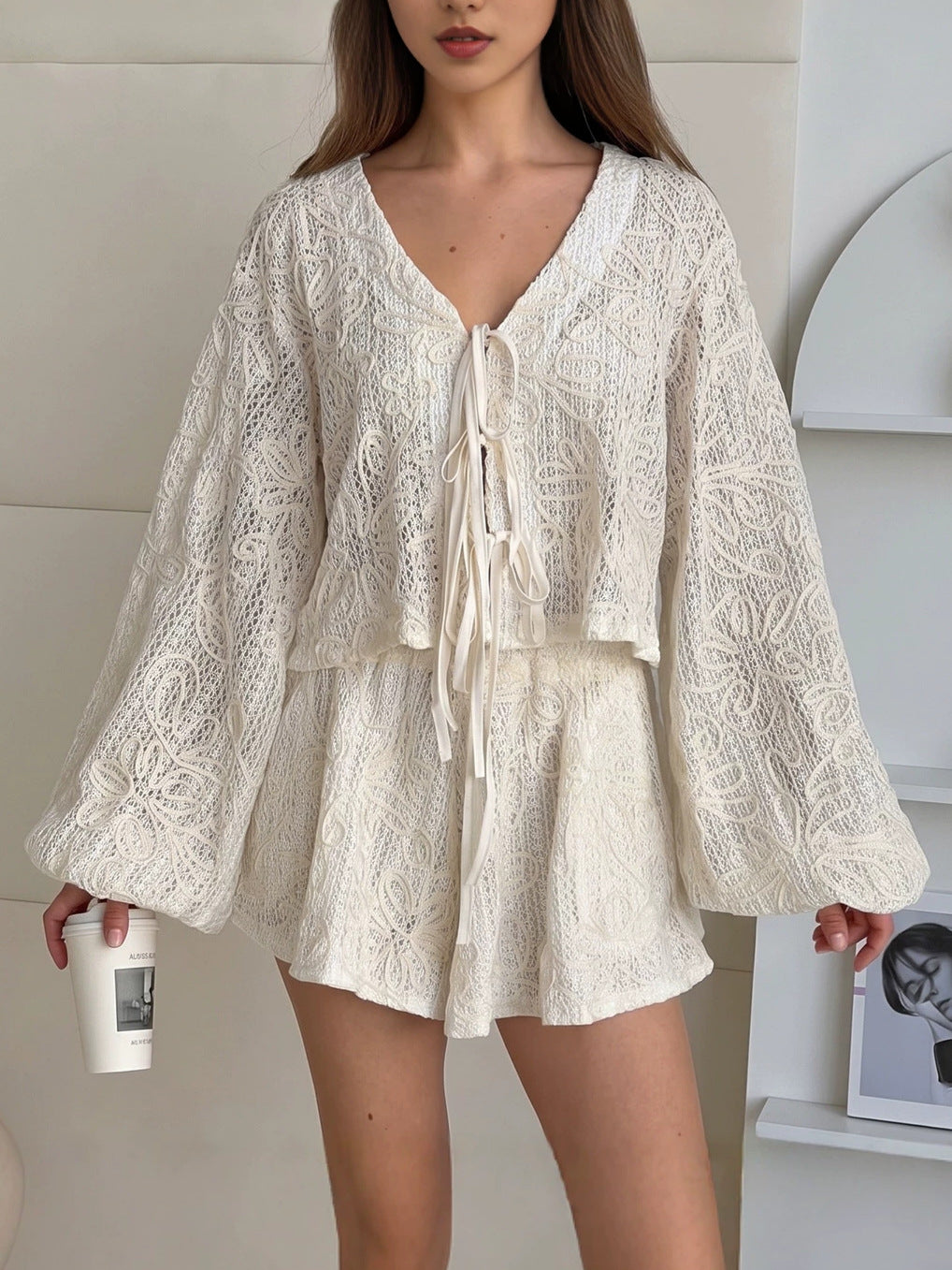 Flowering Girl Women Vacation Jacquard Tie-Waist Cardigan Top & Shorts Two-Piece Set