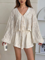 Flowering Girl Women Vacation Jacquard Tie-Waist Cardigan Top & Shorts Two-Piece Set
