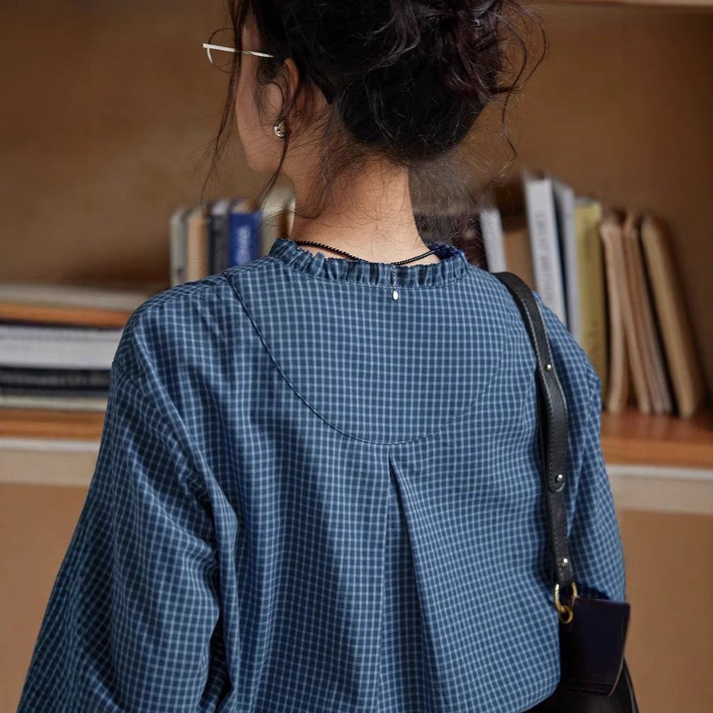 Flowering Girl Women navy blue plaid V-neck ruffled long-sleeve shirt