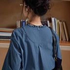Flowering Girl Women navy blue plaid V-neck ruffled long-sleeve shirt