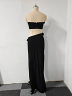 Flowering Girl Women Black High Slit Tassels 3d Flowers Strapless Maxi Set