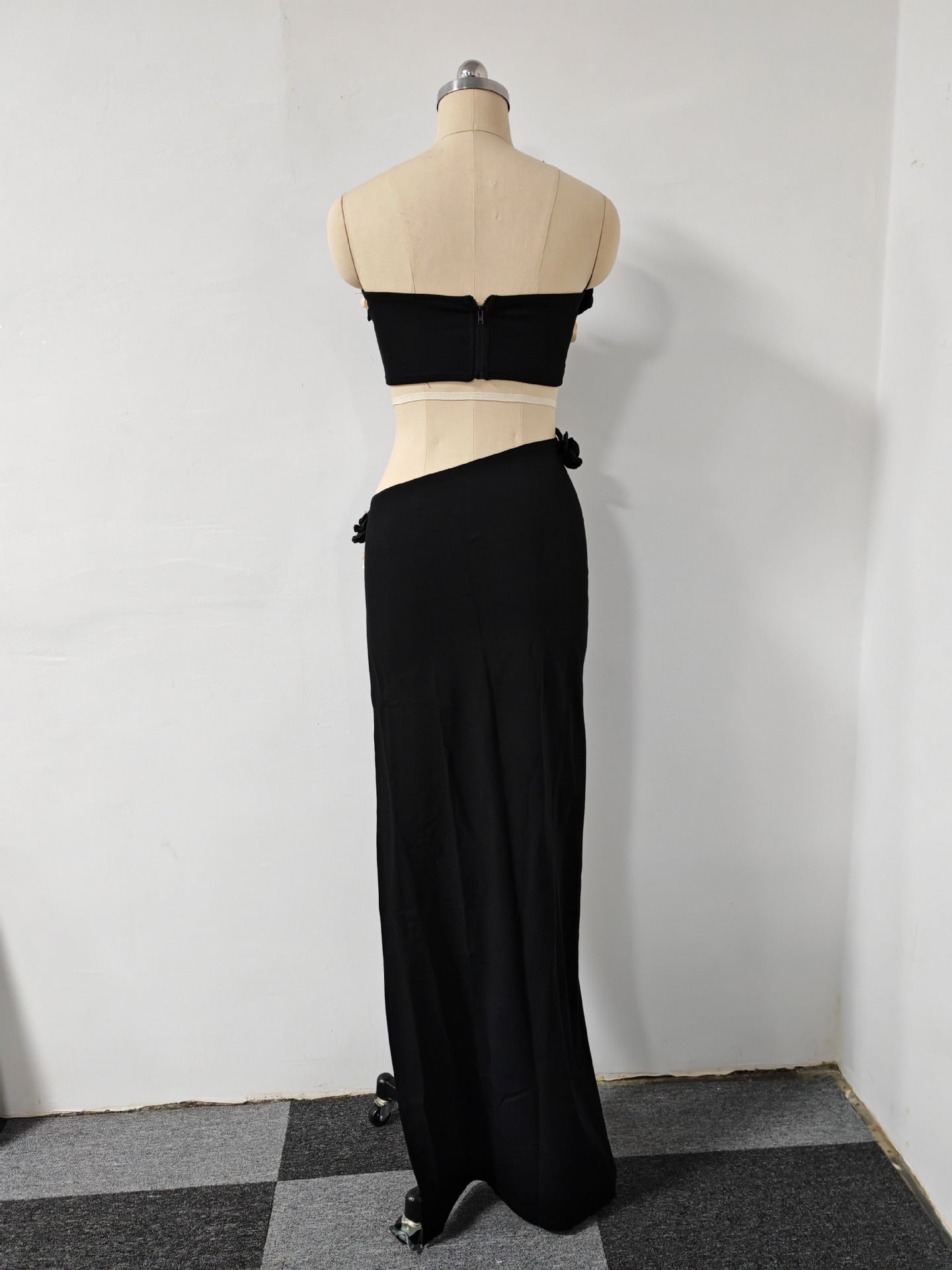 Flowering Girl Women Black High Slit Tassels 3d Flowers Strapless Maxi Set