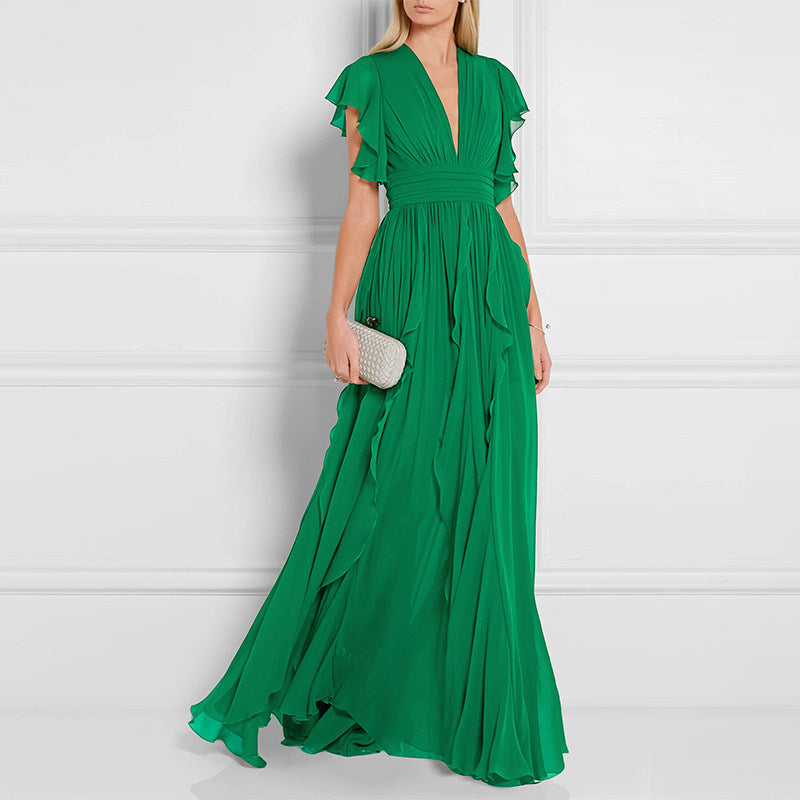 Green V-Neck Ruffle Maxi Dress