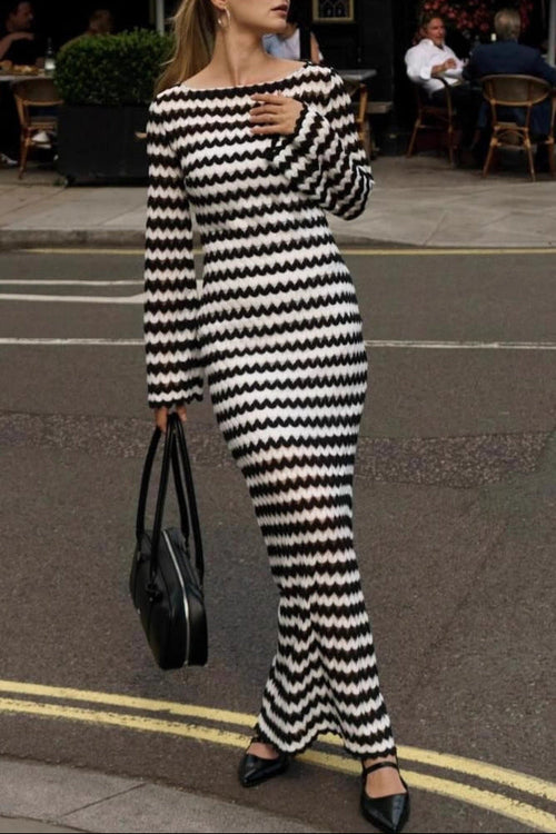 Flowering Girl Women balck and white long-sleeved knitted dress