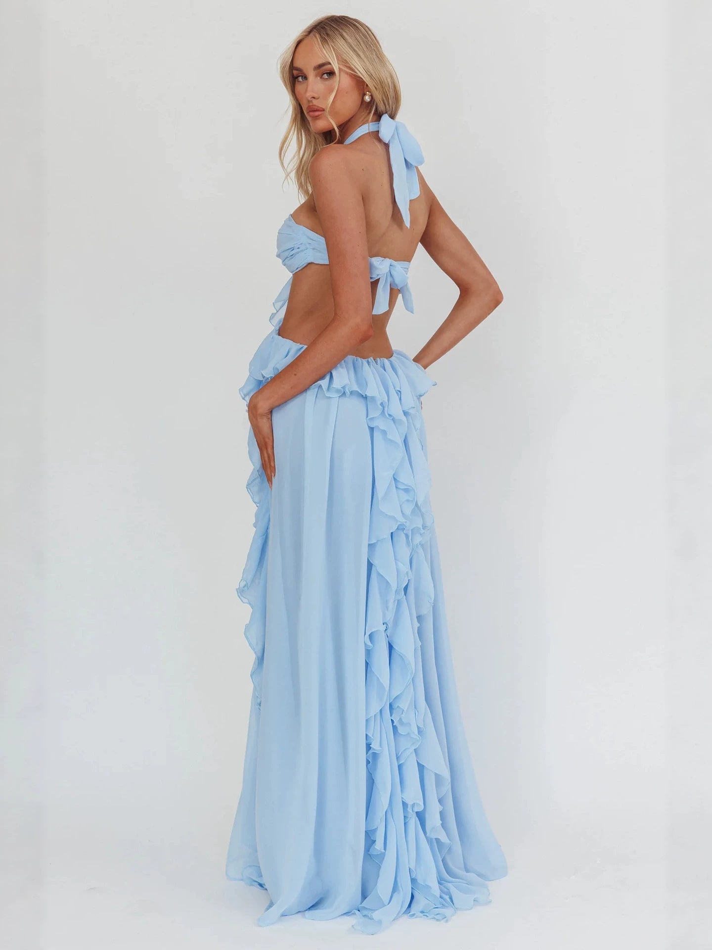 blue Ruffle Strapless Long Chiffon Dress