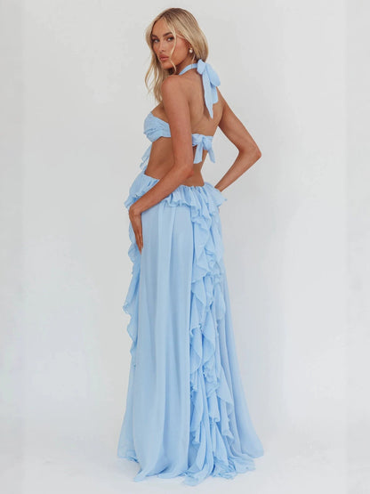 blue Ruffle Strapless Long Chiffon Dress