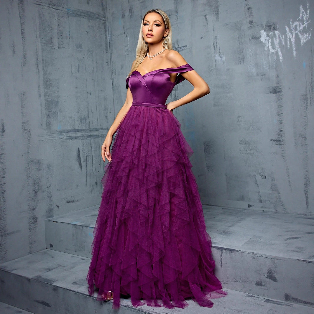 yedda spliced ruffle tulle strapless maxi dress - purple