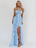 blue Ruffle Strapless Long Chiffon Dress