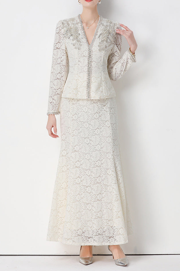 Georgia Beaded V-Neck Lace Top & Fishtail Skirt Set - Whtie