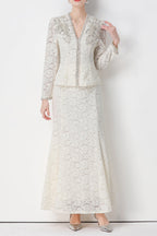 Georgia Beaded V-Neck Lace Top & Fishtail Skirt Set - Whtie