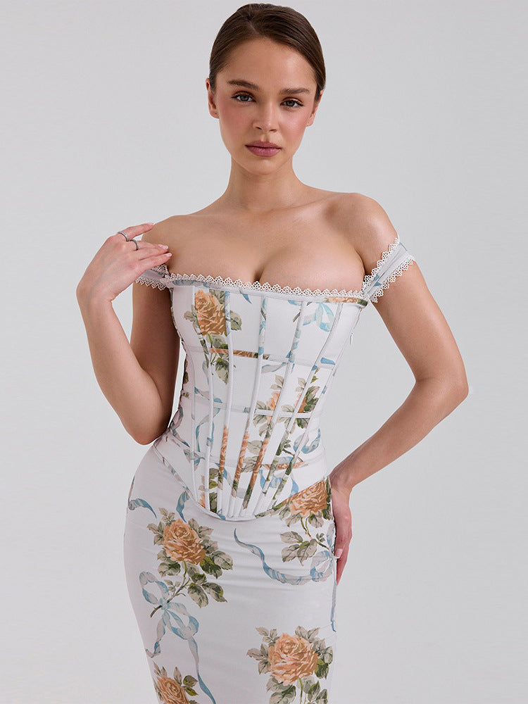 Flowering Girl Women Phoenix White Floral Print Fitted Corset Maxi Dress