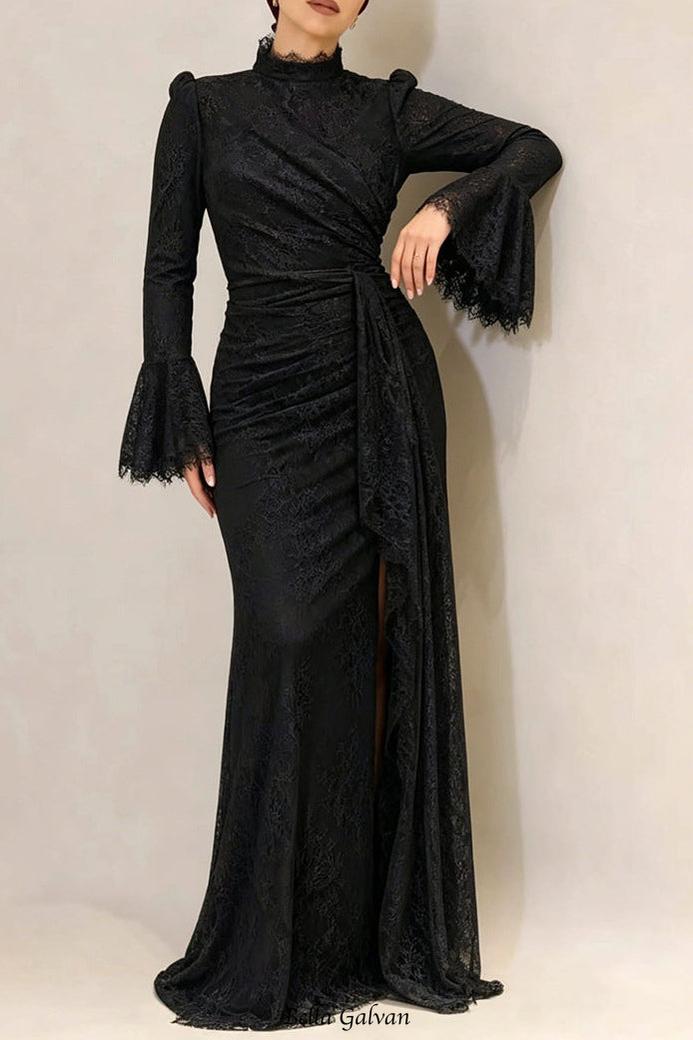 Flowering Girl Women victoria Long lantern sleevelace-trim maxi dress - black