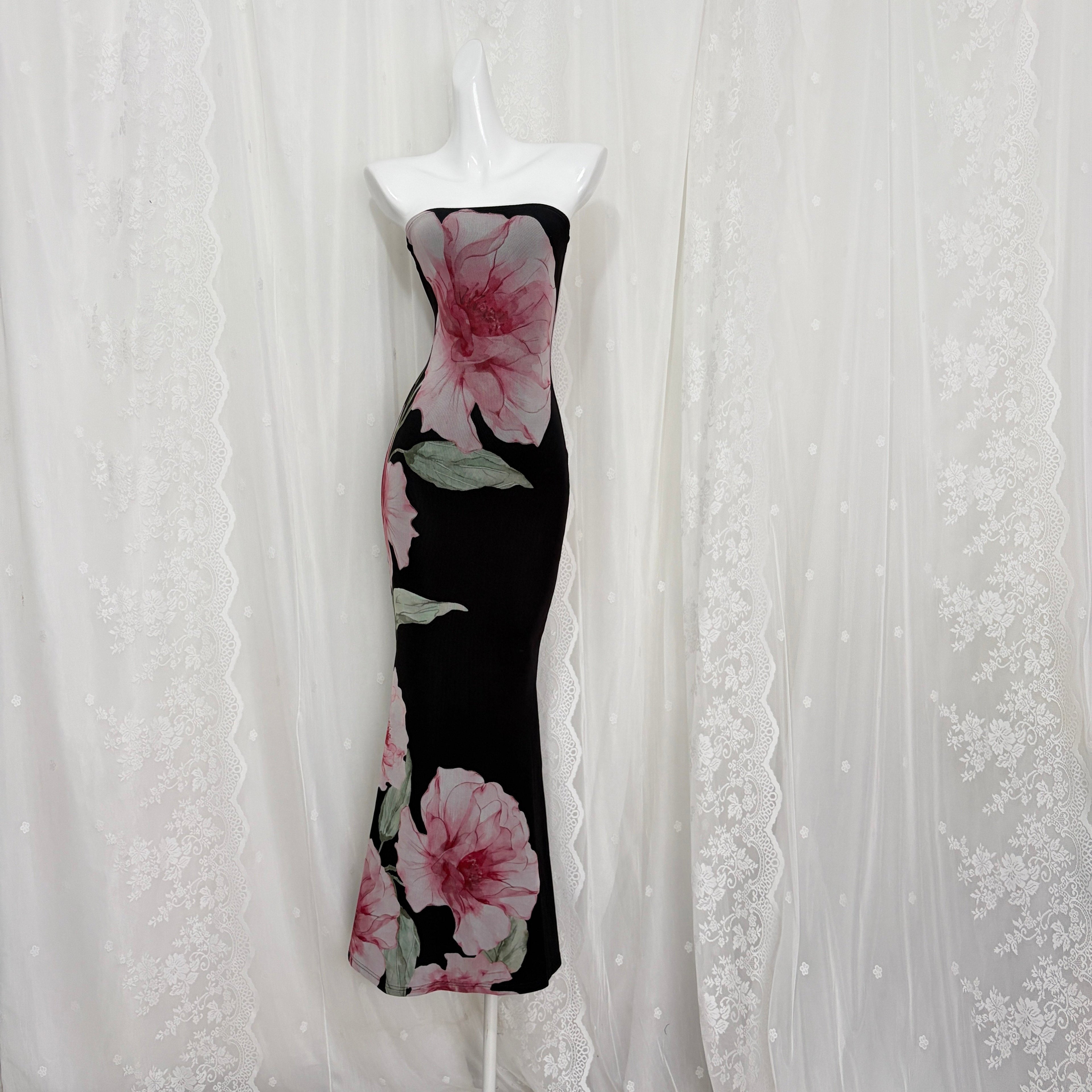 Black Floral Print Strapless Mermaid Maxi Dress