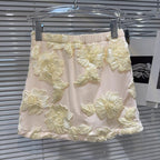 Nefertiti Apricot Embroidered Floral Backless T-Shirt And Skirt Set