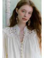 Flowering Girl Women beige hollow embroidered lantern sleeve stand-collar ramie shirt
