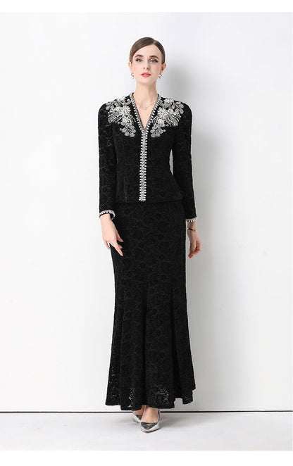 georgia Beaded V-neck lace top & fishtail skirt set - black