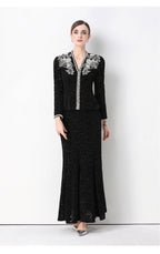 Georgia Beaded V-Neck Lace Top & Fishtail Skirt Set - Black