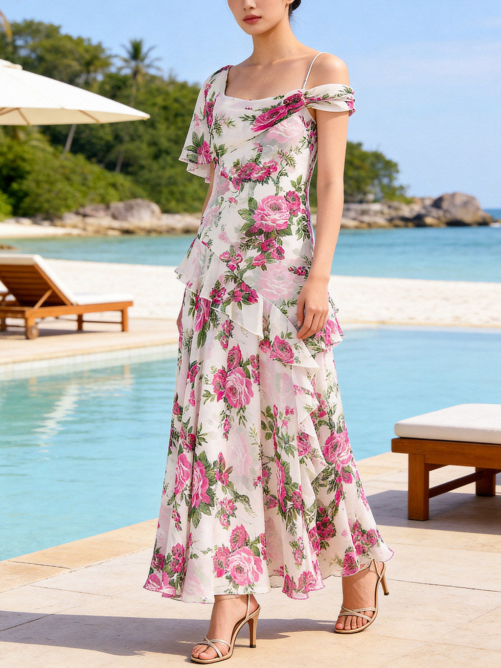 White Off-The-Shoulder Floral Printed Midi Dress