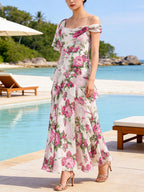 White Off-The-Shoulder Floral Printed Midi Dress