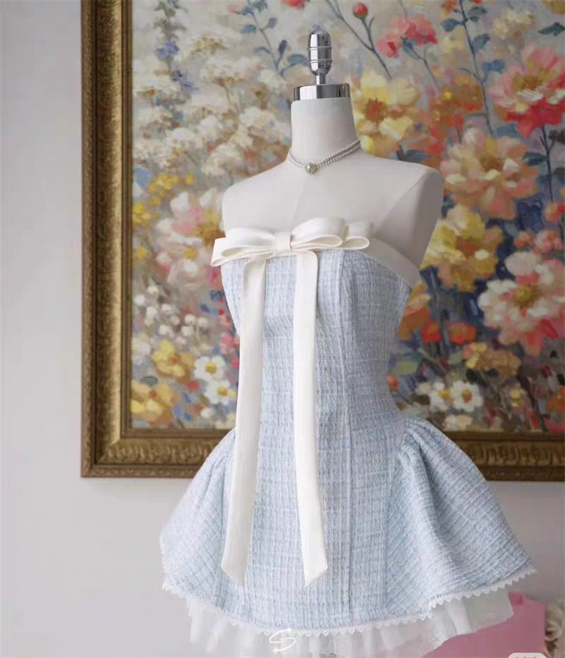 Bow Woven Lace Tube Top Mini Dress In Pink