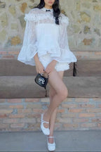 vanessa white Floral Lace Ruffled Top & Shorts Set