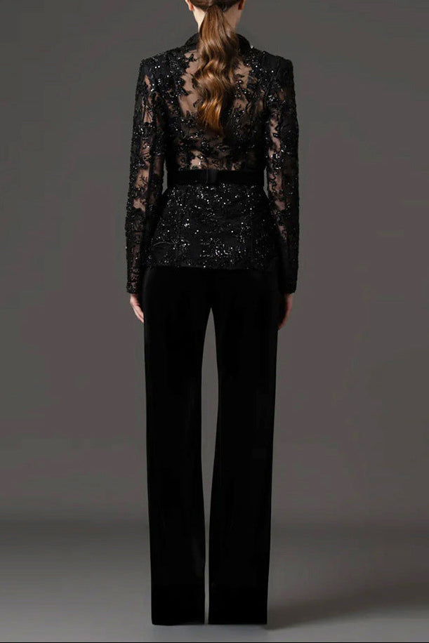 Flowering Girl Women Mesh embroidered beaded jacket & trousers 2-piece set - black