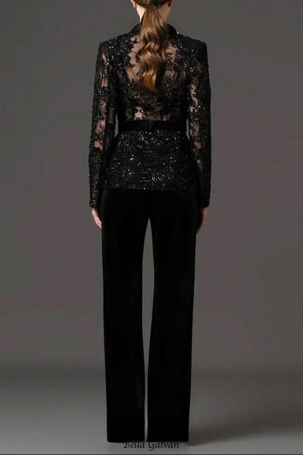 Mesh embroidered beaded jacket & trousers 2-piece set - black