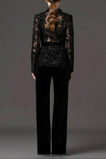 Mesh embroidered beaded jacket & trousers 2-piece set - black