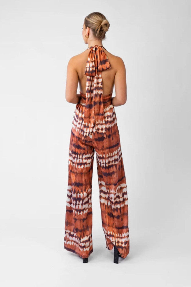 Flowering Girl Women Halter V-Neck Tie Dye Wide Leg Pocket Jumpsuit