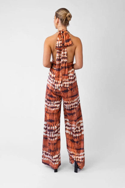 Halter V-Neck Tie Dye Wide Leg Pocket Jumpsuit