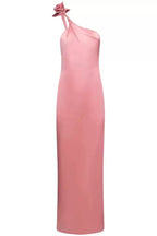 yvonne one-shoulder 3d flower satin maxi dress in pink