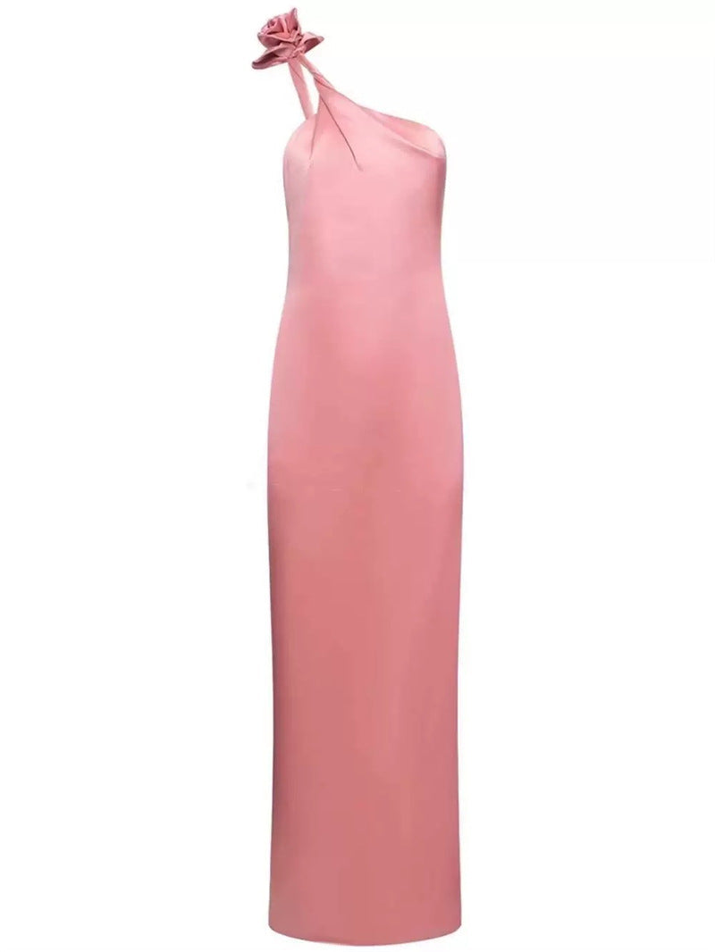 Yvonne One-Shoulder 3d Flower Satin Maxi Dress In Pink