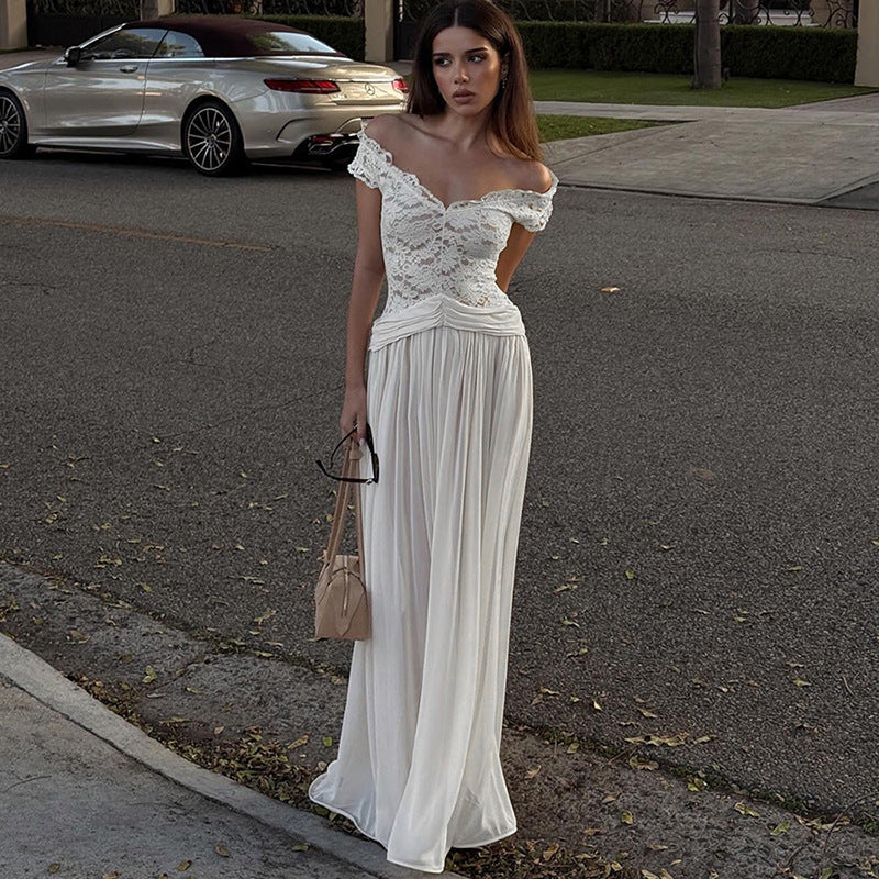 Flowering Girl Women New Winter Style Sheer V-Neck Lace-Trimmed Maxi Dress