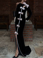 victoria Bow Cascade Velvet Maxi Dress in black