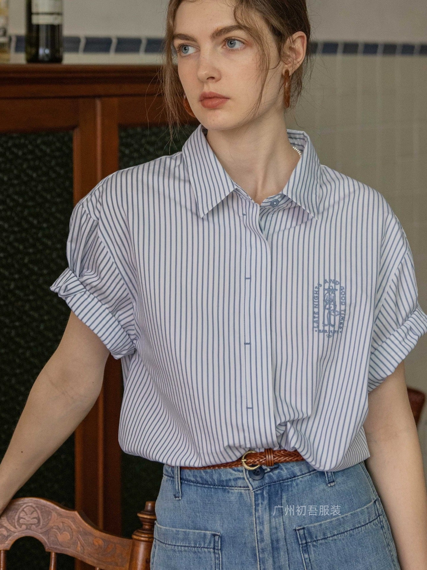 Flowering Girl Women Blue Embroidery Casual Versatile Short Sleeve Striped Shirt