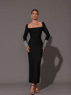 Flowering Girl Women Square Neck Diamond Tight Bandage Maxi Dress In Black