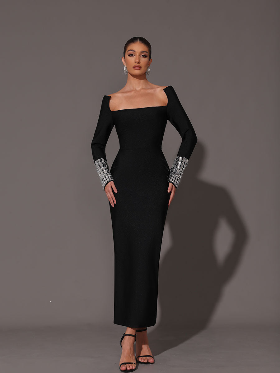 Square Neck Diamond Tight Bandage Maxi Dress In Black