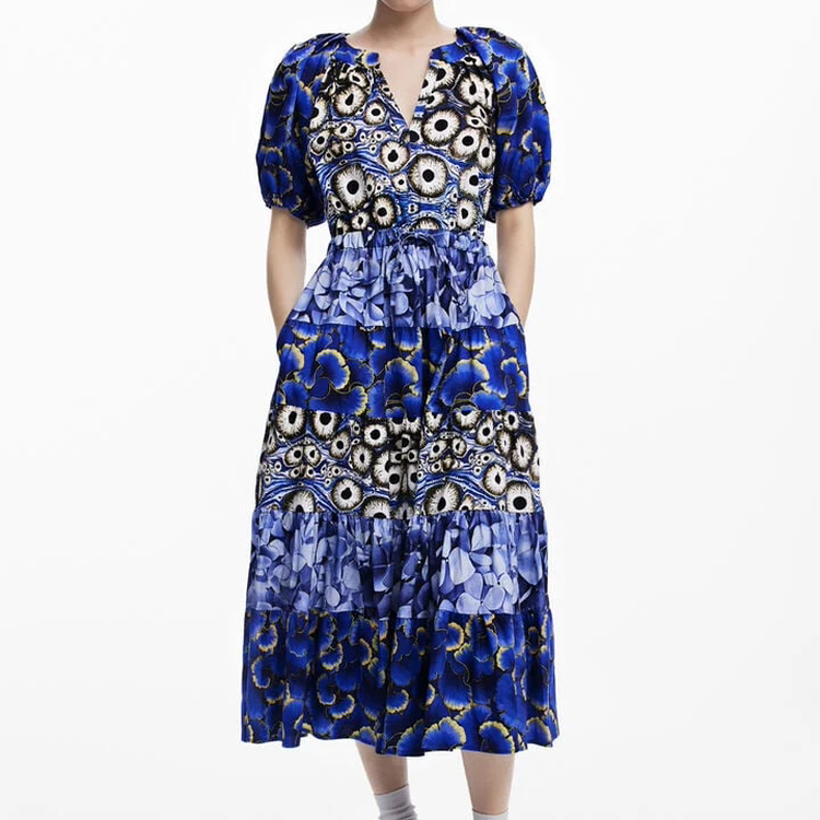 Blue Mixed Print Puff Sleeve Tiered Midi Dress