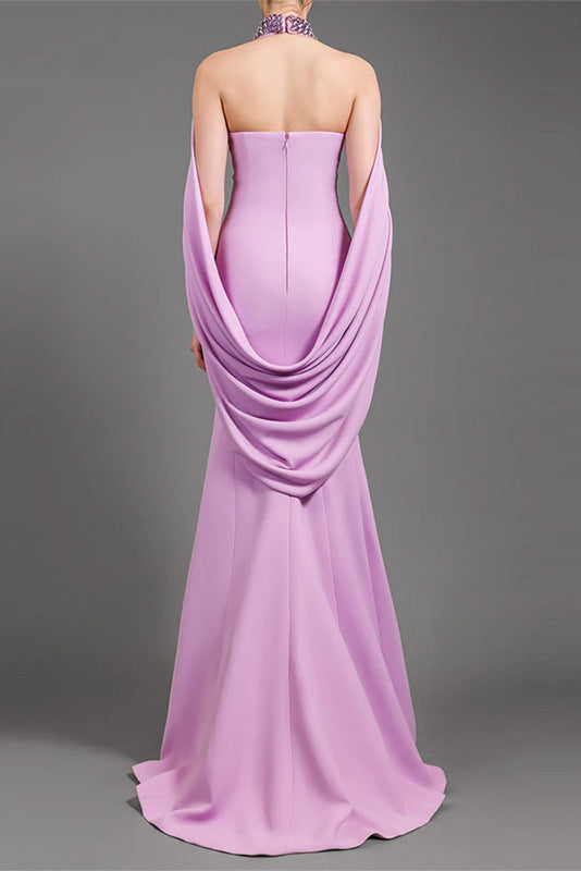 lavender nail bead halterneck open back shawl long dress