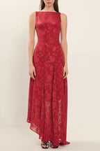 Flowering Girl Women red Lace Backless Jacquard Irregular Dress