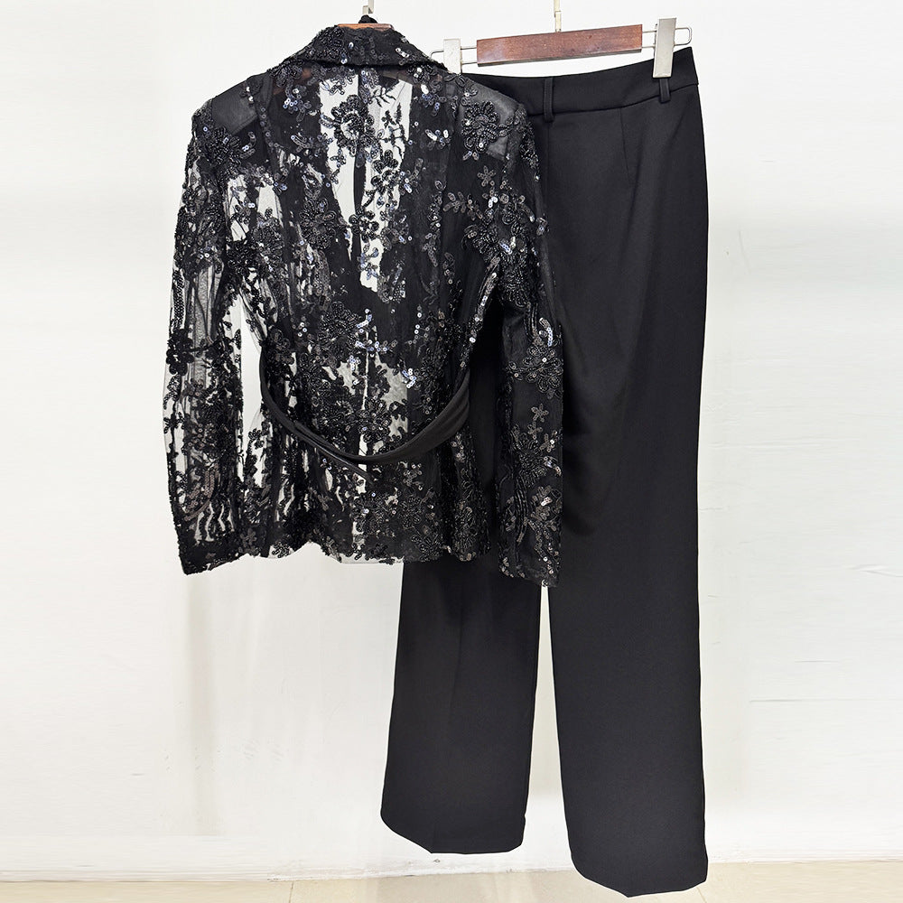 Flowering Girl Women Mesh embroidered beaded jacket & trousers 2-piece set - black