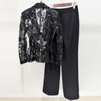 Flowering Girl Women Mesh embroidered beaded jacket & trousers 2-piece set - black