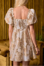 Gold Jacquard Square Neck Puff Sleeves Puffy Mini Dress