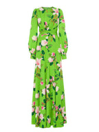 Green Floral Satin Long Sleeve Maxi Dress
