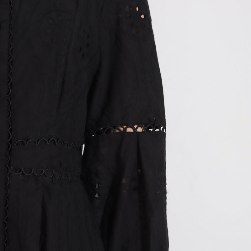 Flowering Girl Women retro single-breasted hollow lace midi dress in black