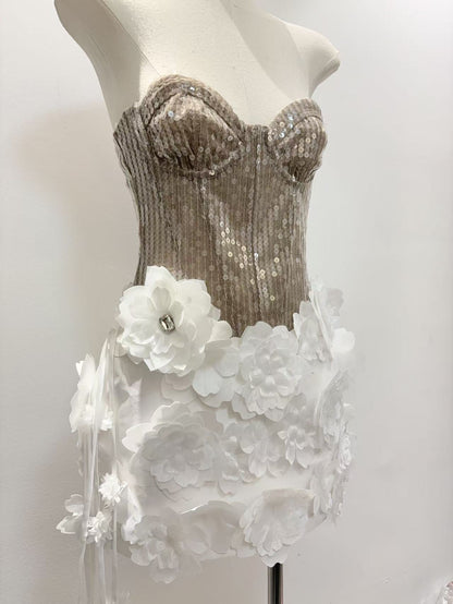kelly sequin 3d flower patchwork mini dress - champagne & white