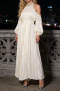 Ashley Apricot Off Shoulder Pleated Puff Sleeve Maxi Dress